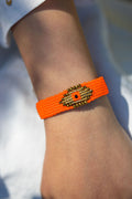 Micro macramé Evil Eye bracelet with golden crystal beads | Neon Orange